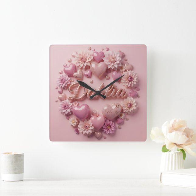 Reloj Cuadrado Pastel Dahlia Bloom Art with Hearts (Hogar)