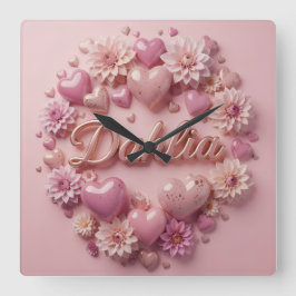 Reloj Cuadrado Pastel Dahlia Bloom Art with Hearts
