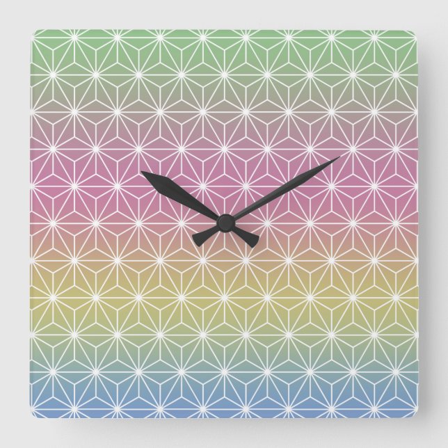 Reloj Cuadrado Pastel de arcoiris tradicional japonés de Asanoha (Anverso)