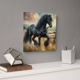 Reloj Cuadrado Pastel de Caballo Negro Fresian Valla Rústica