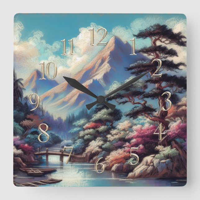 Reloj Cuadrado Pastel dibujando la antigua montaña del paisaje as (Anverso)