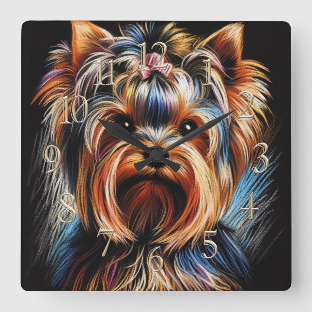Reloj Cuadrado Pastel duro dibujando Yorkshire Terrier Yorkie Pin (Anverso)