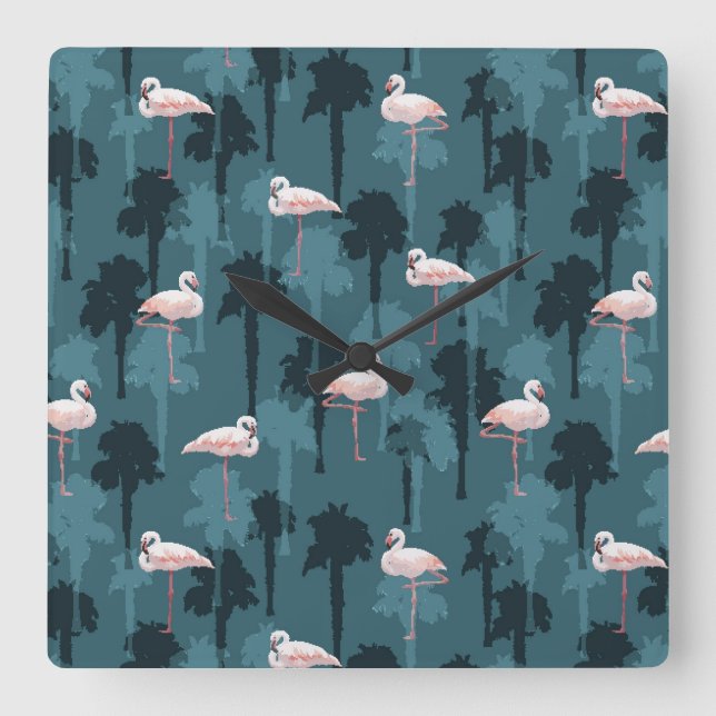 Reloj Cuadrado Pastel Flamingos En Verde azulado (Anverso)