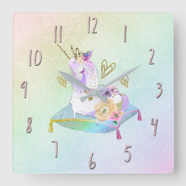 Reloj Cuadrado Pastel iris irlandés de la princesa de unicornio D (Anverso)