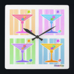 RELOJ CUADRADO PASTEL POP ART MARTINIS<br><div class="desc">Cuatro divertidos y coloridos Pop Art Martinis con guirnaldas de oliva arco iris contra un retro,  pastel estilo arte de los años 50 en un clásico quad de arte pop. Aproveche las funciones de personalización para Personalizar su compra con texto o fotos propias!</div>