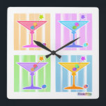 RELOJ CUADRADO PASTEL POP ART MARTINIS<br><div class="desc">Cuatro divertidos y coloridos Pop Art Martinis con guirnaldas de oliva arco iris contra un retro,  pastel estilo arte de los años 50 en un clásico quad de arte pop. Aproveche las funciones de personalización para Personalizar su compra con texto o fotos propias!</div>