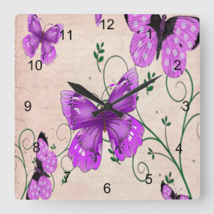 Reloj Cuadrado Pastel Purple Butterflies