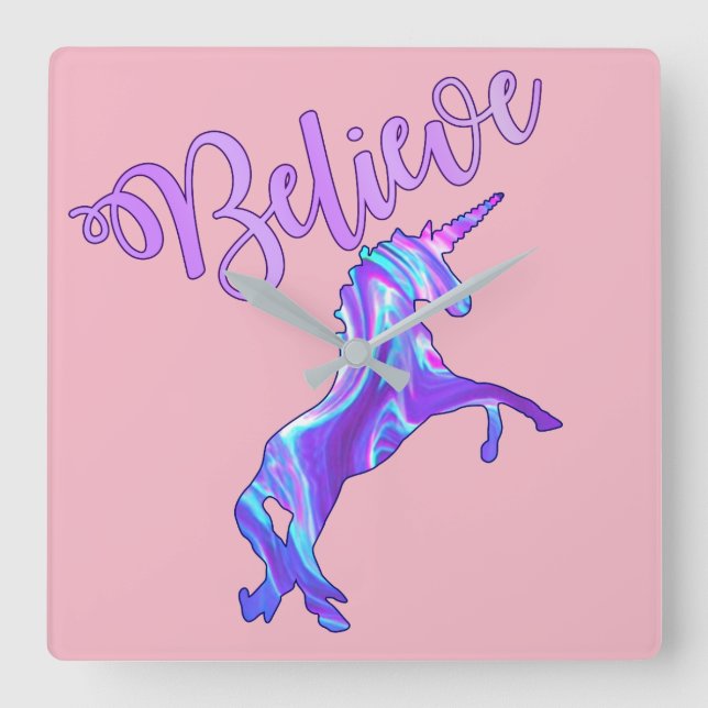 Reloj Cuadrado Pastel Rainbow cree en Unicornios (Anverso)