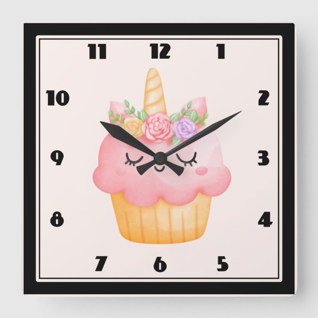 Reloj Cuadrado Pastel rosa dulce Unicornio con Rosas (Anverso)