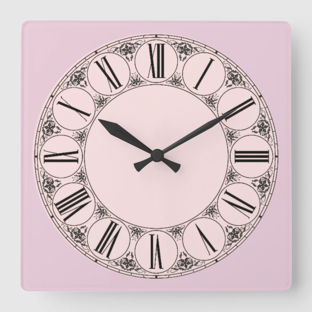 Reloj Cuadrado Pastel Rosa Fancy Roman Numeral Face (Anverso)
