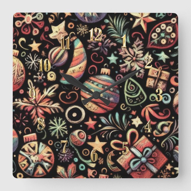 Reloj Cuadrado Pasteles duros dibujando motivos de Navidades (Anverso)