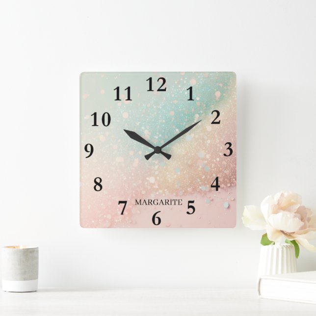 Reloj Cuadrado Pasteles rosa amarillo azul personalizados (Hogar)