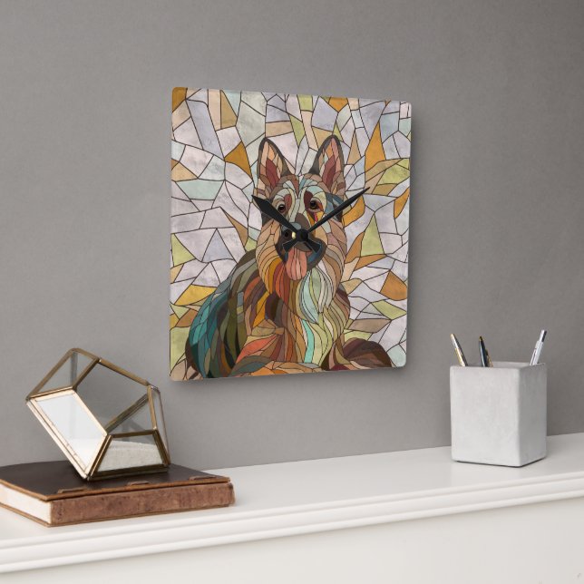 Reloj Cuadrado Pastor Alemán - Arte Mosaico (Oficina)