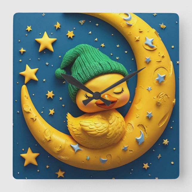 Reloj Cuadrado Pato de dibujos animados lindo y luna (Anverso)