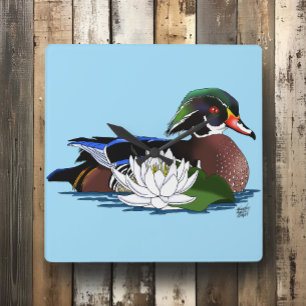 Reloj Cuadrado Pato de madera colorido Nenúfar Vida silvestre Azu