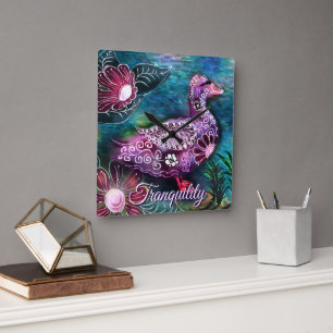 Reloj Cuadrado Pato Floral Caprichoso Personalizado Morado Turque