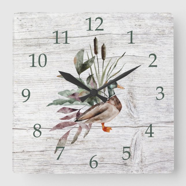 Reloj Cuadrado Pato mallard de pajarera rústico de madera de pino (Anverso)