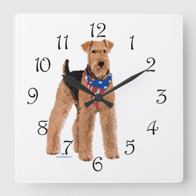 Reloj Cuadrado Patriótico Airedale Terrier (Anverso)