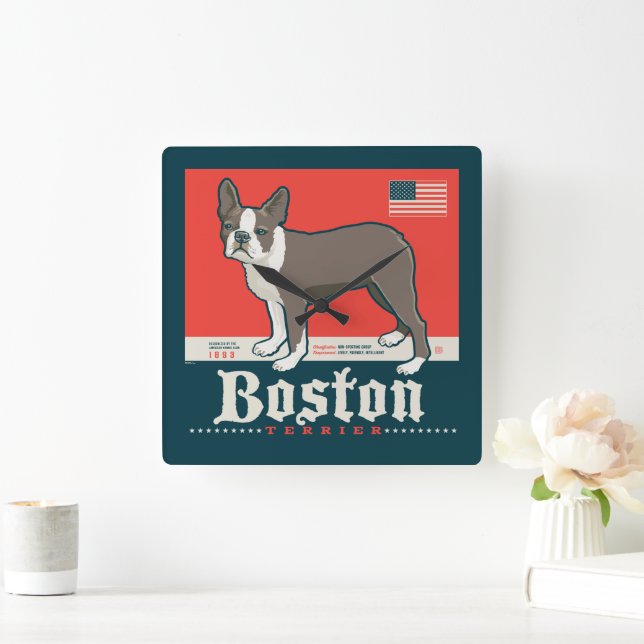 Reloj Cuadrado Patriótico | Boston Terrier (Hogar)
