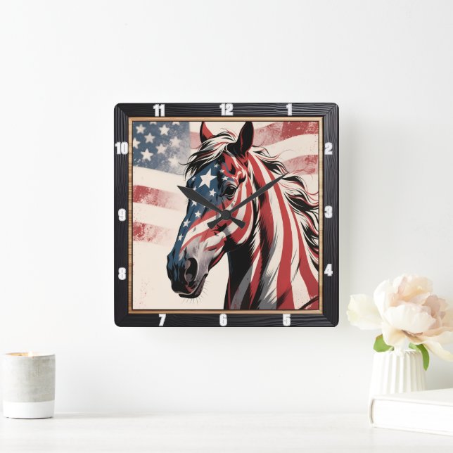 Reloj Cuadrado Patriótico de la Bandera Americana del Caballo (Hogar)