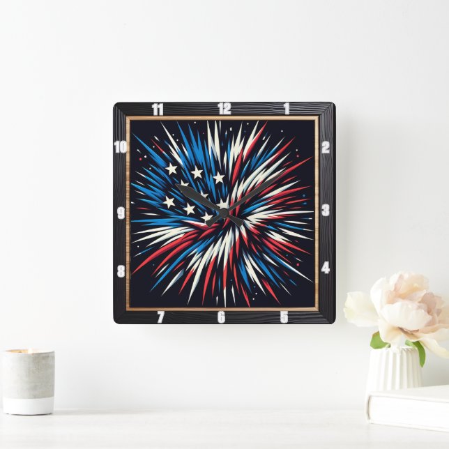 Reloj Cuadrado Patriótico Fireworks Azul Blanco Rojo (Hogar)