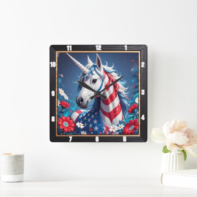 Reloj Cuadrado Patriótico Unicornio Estrellas Stripes Floral (Hogar)