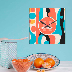 Reloj Cuadrado Patrón abstracto colorido retro con monograma 