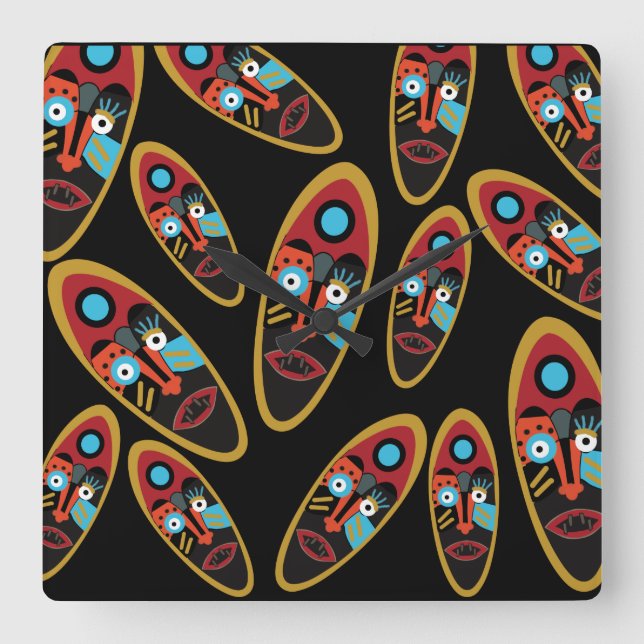 Reloj Cuadrado patrón abstracto de máscaras modernas (Anverso)