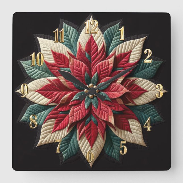 Reloj Cuadrado Patrón acabado Poinsettia Verde Rojo Negro (Anverso)