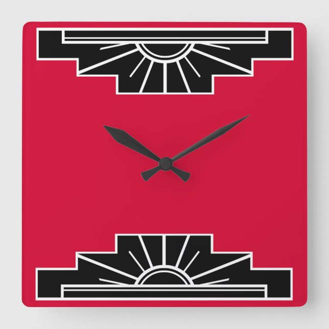 Reloj Cuadrado Patrón Art Deco en rojo (Anverso)