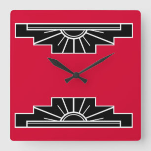 Reloj Cuadrado Patrón Art Deco en rojo, negro y blanco cuadrado W