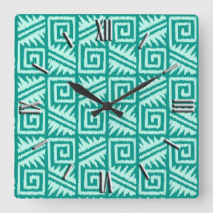 Reloj Cuadrado Patrón Azteca Ikat - Turquesa y Aguamarina