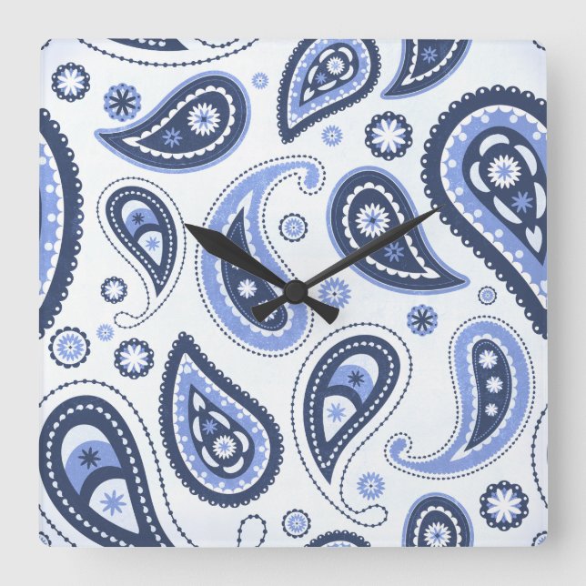 Reloj Cuadrado Patrón azul paisley (Anverso)