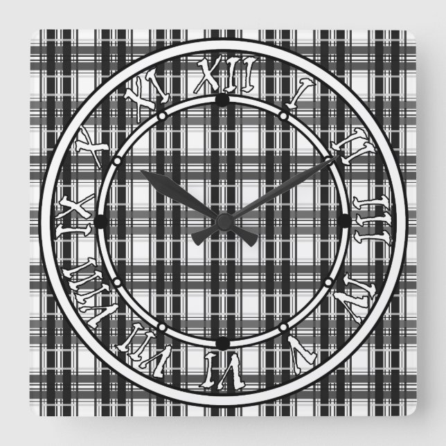 Reloj Cuadrado Patrón blanco y negro Geometría de Tartán verifica (Anverso)