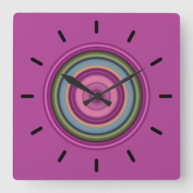 Reloj Cuadrado Patrón circular multicolor rosado caliente (Anverso)