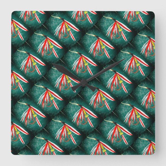 Reloj Cuadrado Patrón clásico de moscas húmedas para la pesca de  (Anverso)