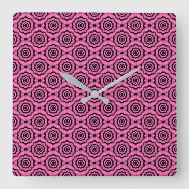 Reloj Cuadrado Patrón continuo de flores negras rosadas (Anverso)