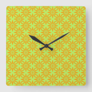 Reloj Cuadrado Patrón continuo de flores verdes naranjas