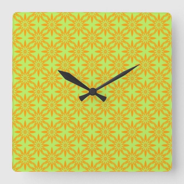 Reloj Cuadrado Patrón continuo de flores verdes naranjas (Anverso)