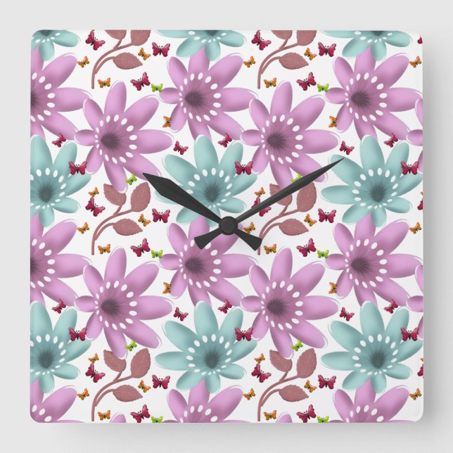 Reloj Cuadrado Patrón continuo de mariposa floral | Rosa y menta  (Anverso)
