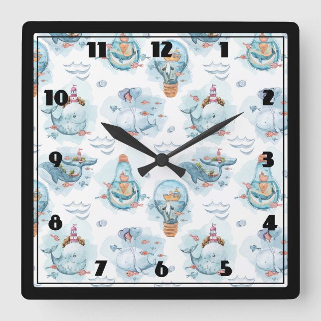 Reloj Cuadrado Patrón de acuarela de ballenas náuticas (Anverso)