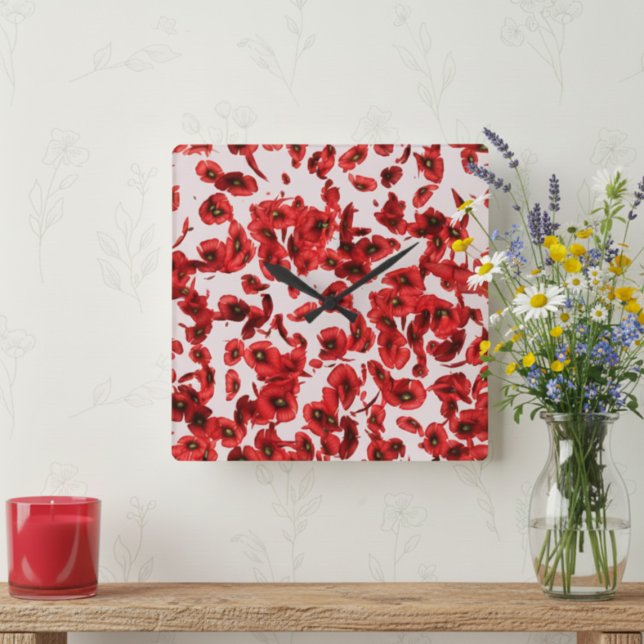 Reloj Cuadrado Patrón de adormidera roja pared rosada (Embrace nature's beauty with this exquisite red poppy petal pattern clock.)