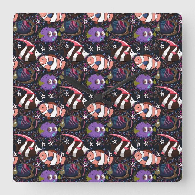 Reloj Cuadrado Patrón de animales acuáticos | vida submarina en l (Anverso)