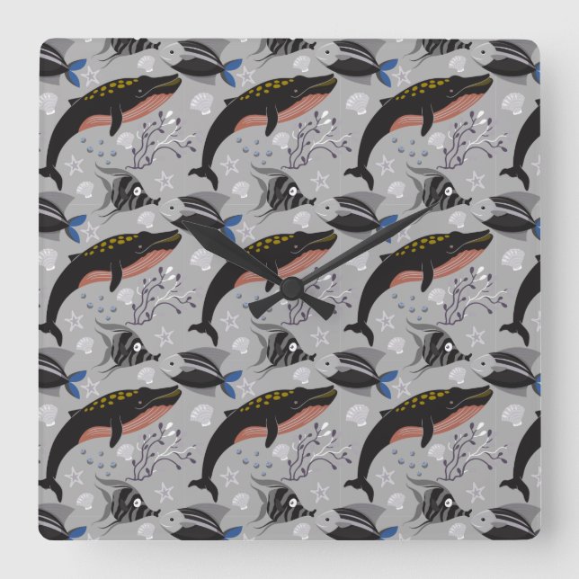 Reloj Cuadrado Patrón de animales acuáticos | vida submarina en l (Anverso)