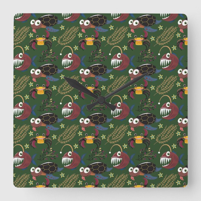 Reloj Cuadrado Patrón de animales acuáticos | vida submarina en l (Anverso)