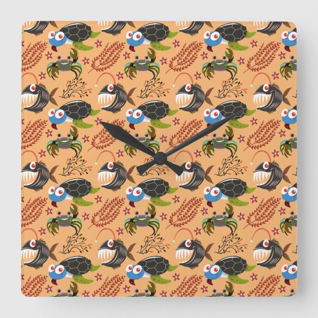 Reloj Cuadrado Patrón de animales acuáticos | vida submarina en l (Anverso)