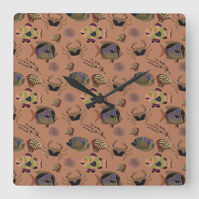 Reloj Cuadrado Patrón de animales acuáticos | vida submarina en l (Anverso)