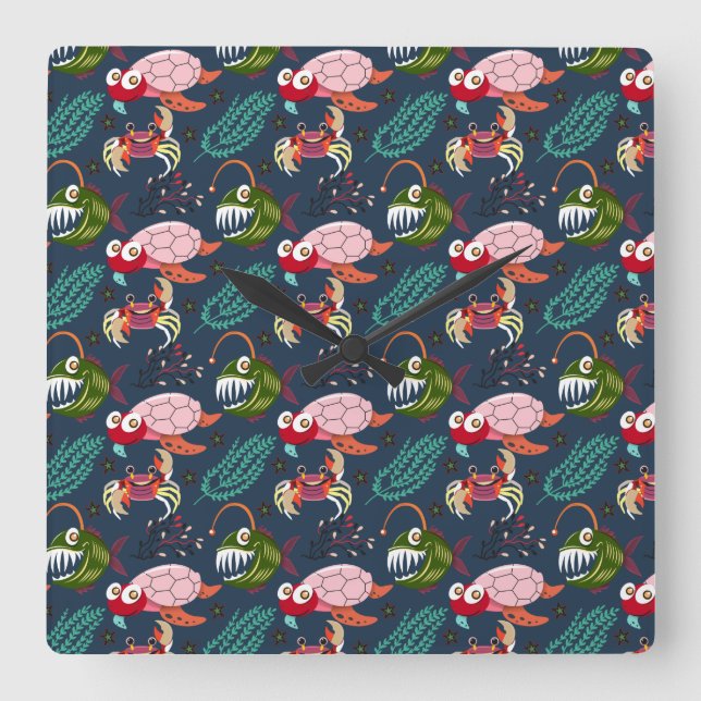 Reloj Cuadrado Patrón de animales acuáticos | vida submarina en l (Anverso)