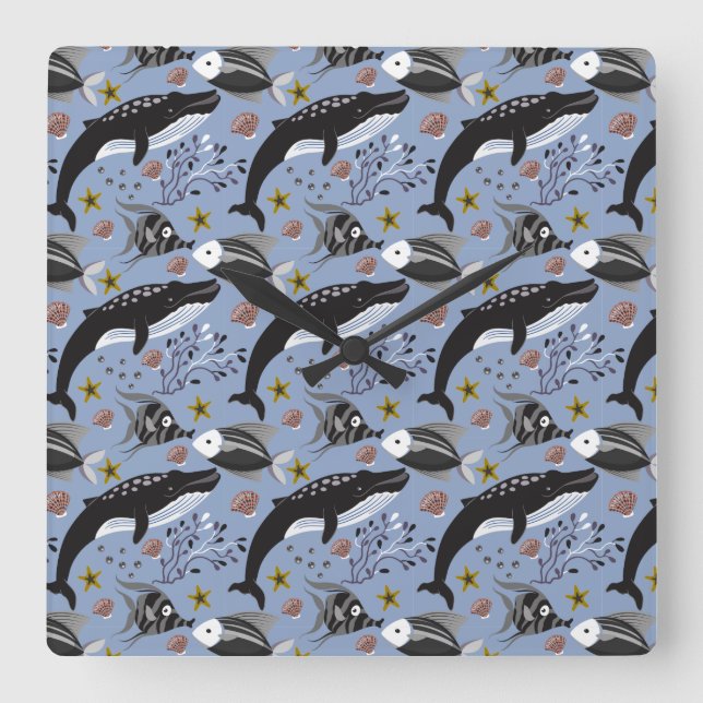 Reloj Cuadrado Patrón de animales acuáticos | vida submarina en l (Anverso)