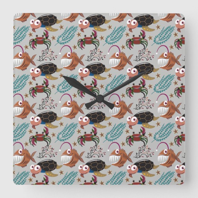 Reloj Cuadrado Patrón de animales acuáticos | vida submarina en l (Anverso)